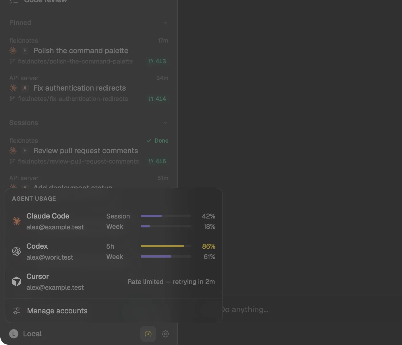 The sidebar with pinned threads and their pull request numbers, and the Agent usage popover showing session and weekly meters for Claude Code and Codex, and Cursor rate limited and retrying.