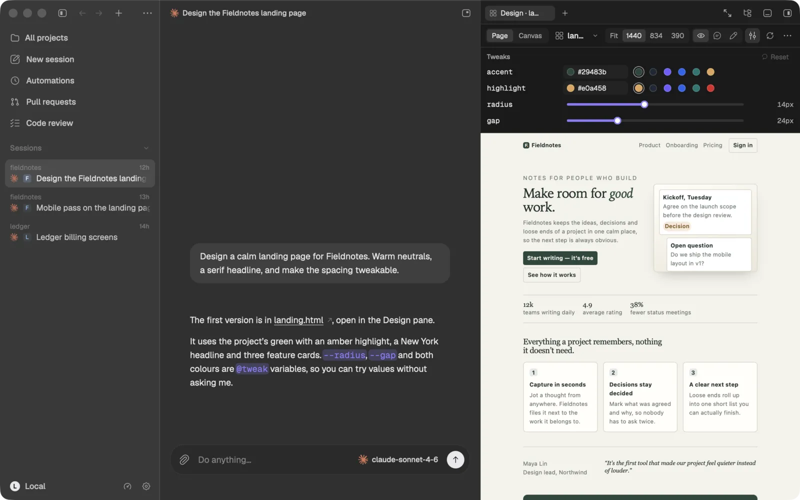 The Design side pane rendering an agent-written landing page design at the desktop viewport preset, with the design picker and viewport presets in the toolbar.
